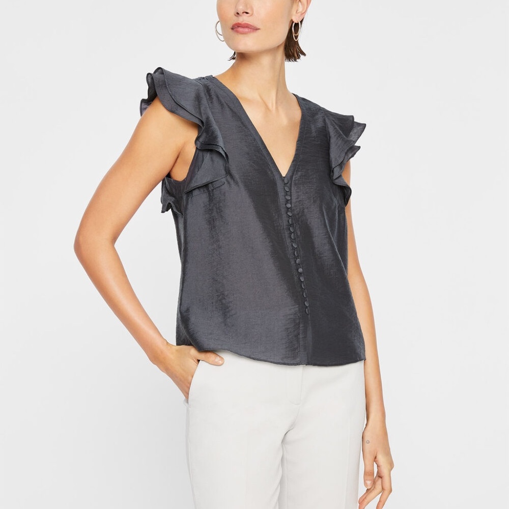 Ruffle Sleeve Button Top - New With Tags - NEVER WORN - Ebony